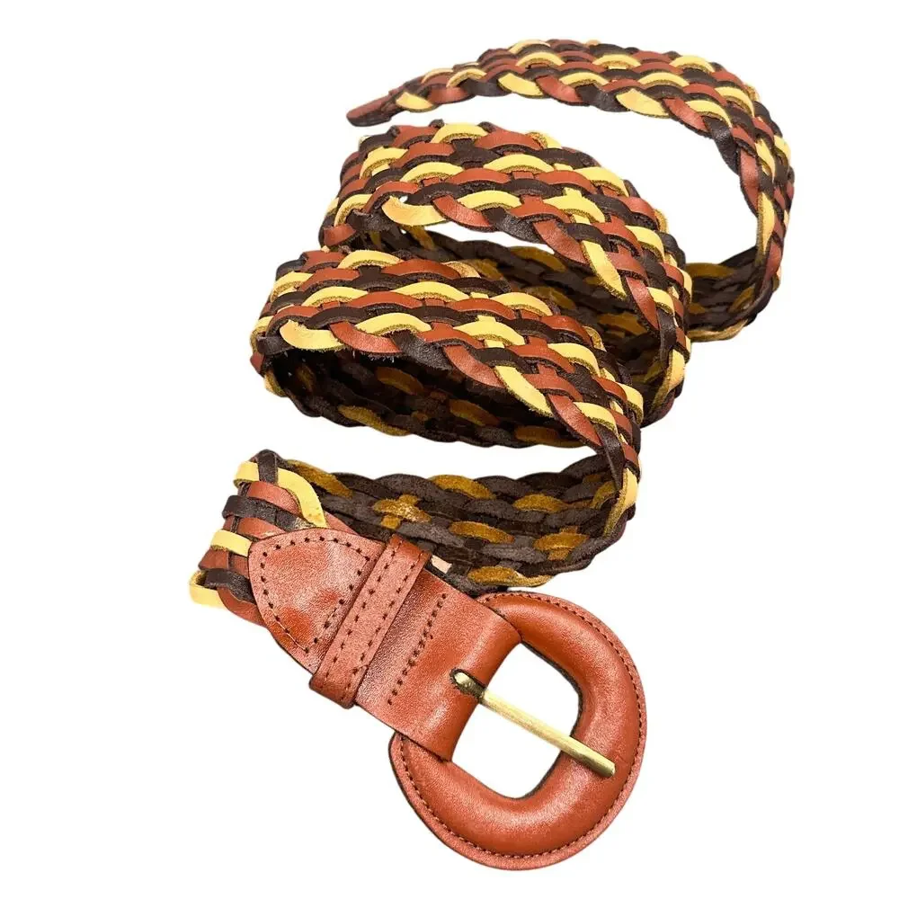 Argentina Leather Belt XL Multicolor Brown Yellow Braided Woven Boho Western Y2K